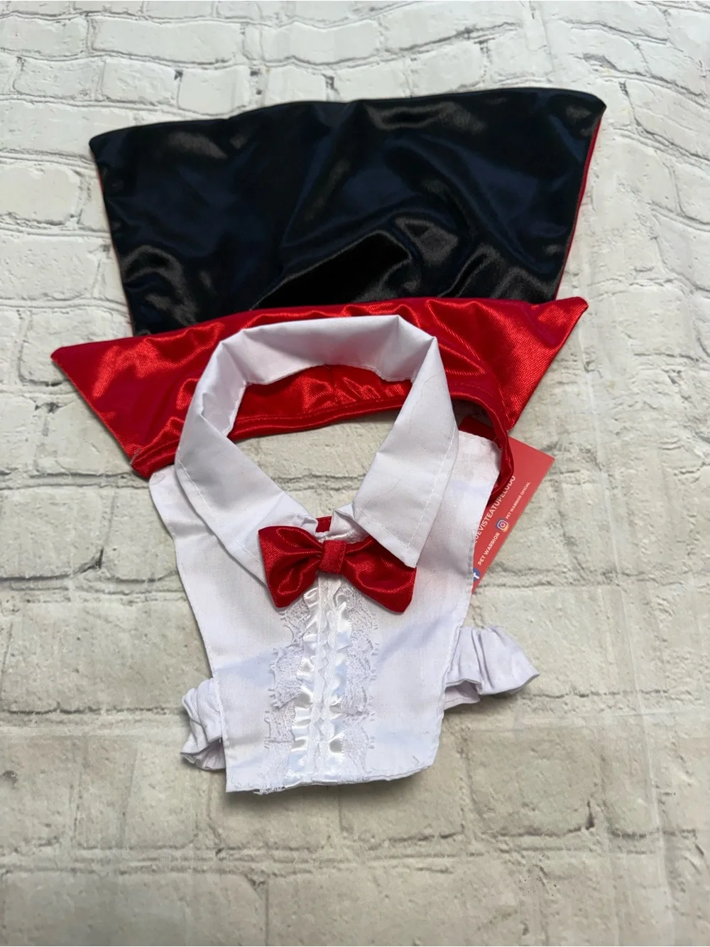 Pet Warrior Dog Satin Red Cape with White Collar & Bow Custome. Halloween costum